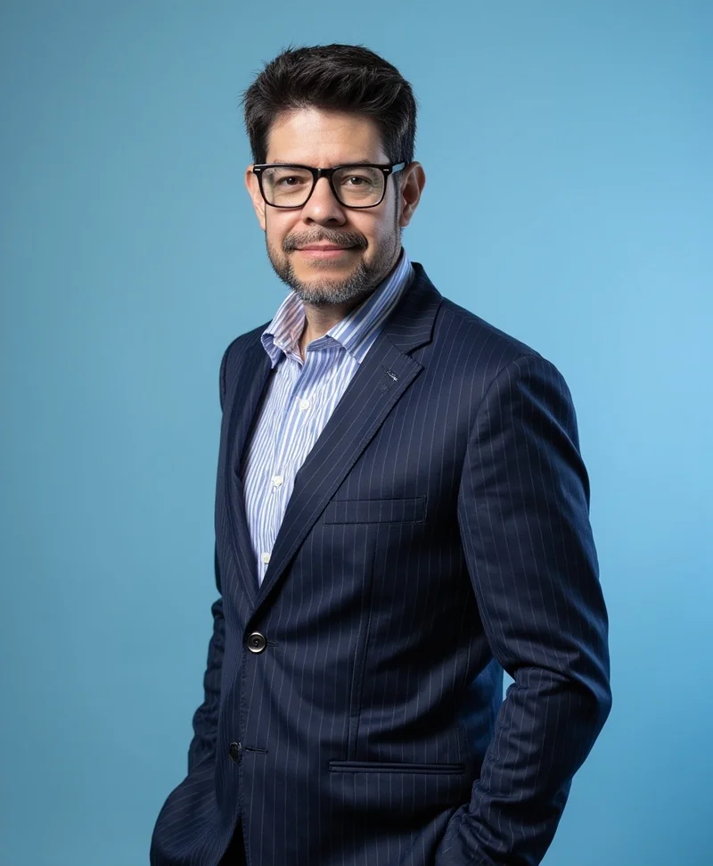 Oliver Obregon, en veste et chemise sur fond bleu